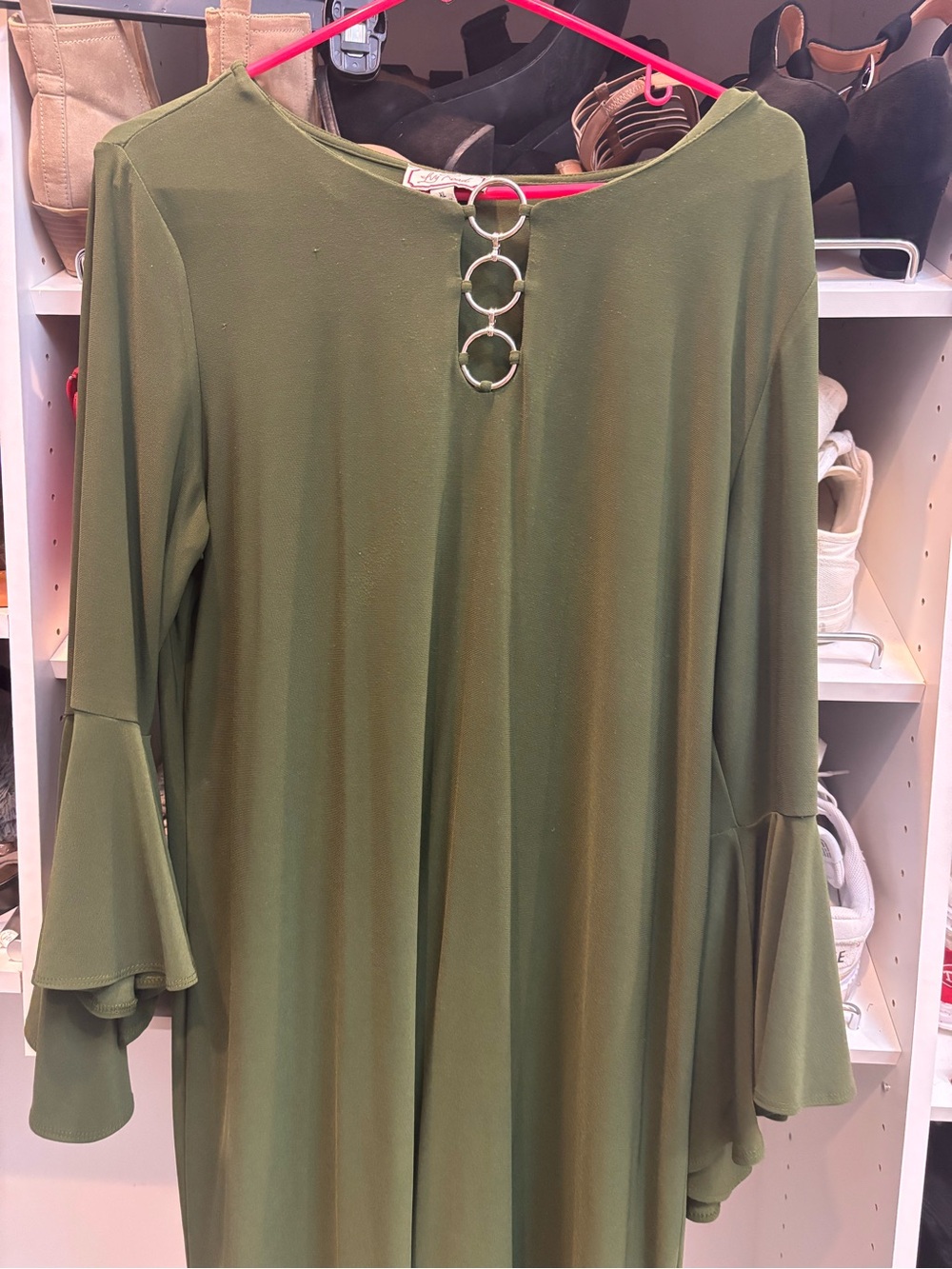 Women's Olive Green Long Sleeve Ring-Detail Dress